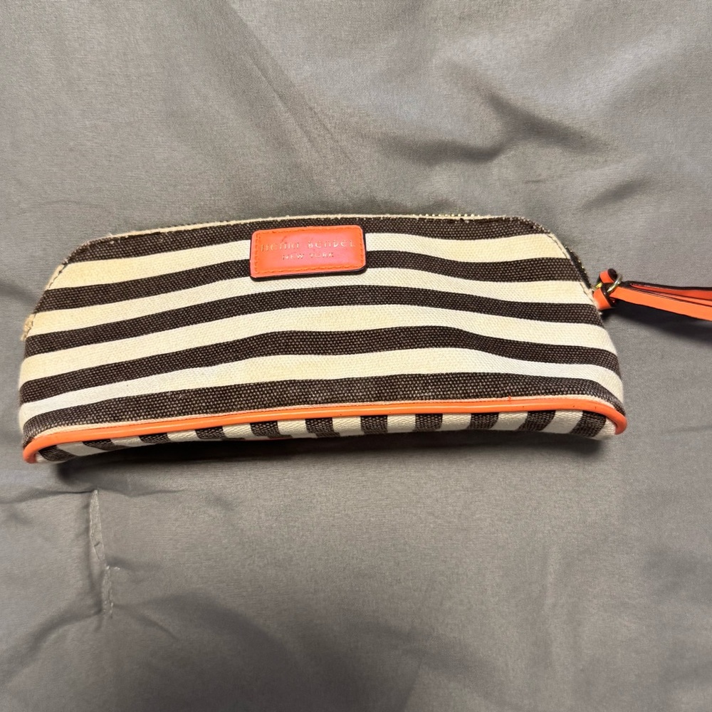 Henri Bendel Striped Black and Tan Small Canvas Zip Case